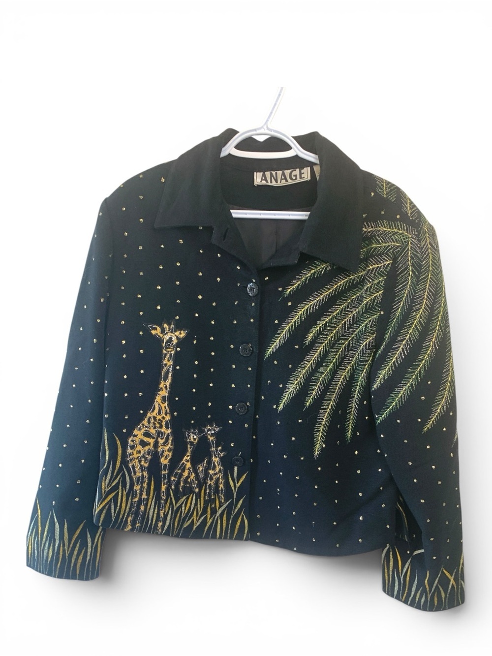 Anage Vintage Rare Black Jacket with Giraffes and Foliage, Fully Lined